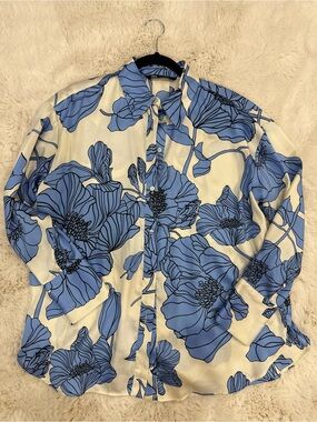 White Button-Up Blouse with Blue Floral Print